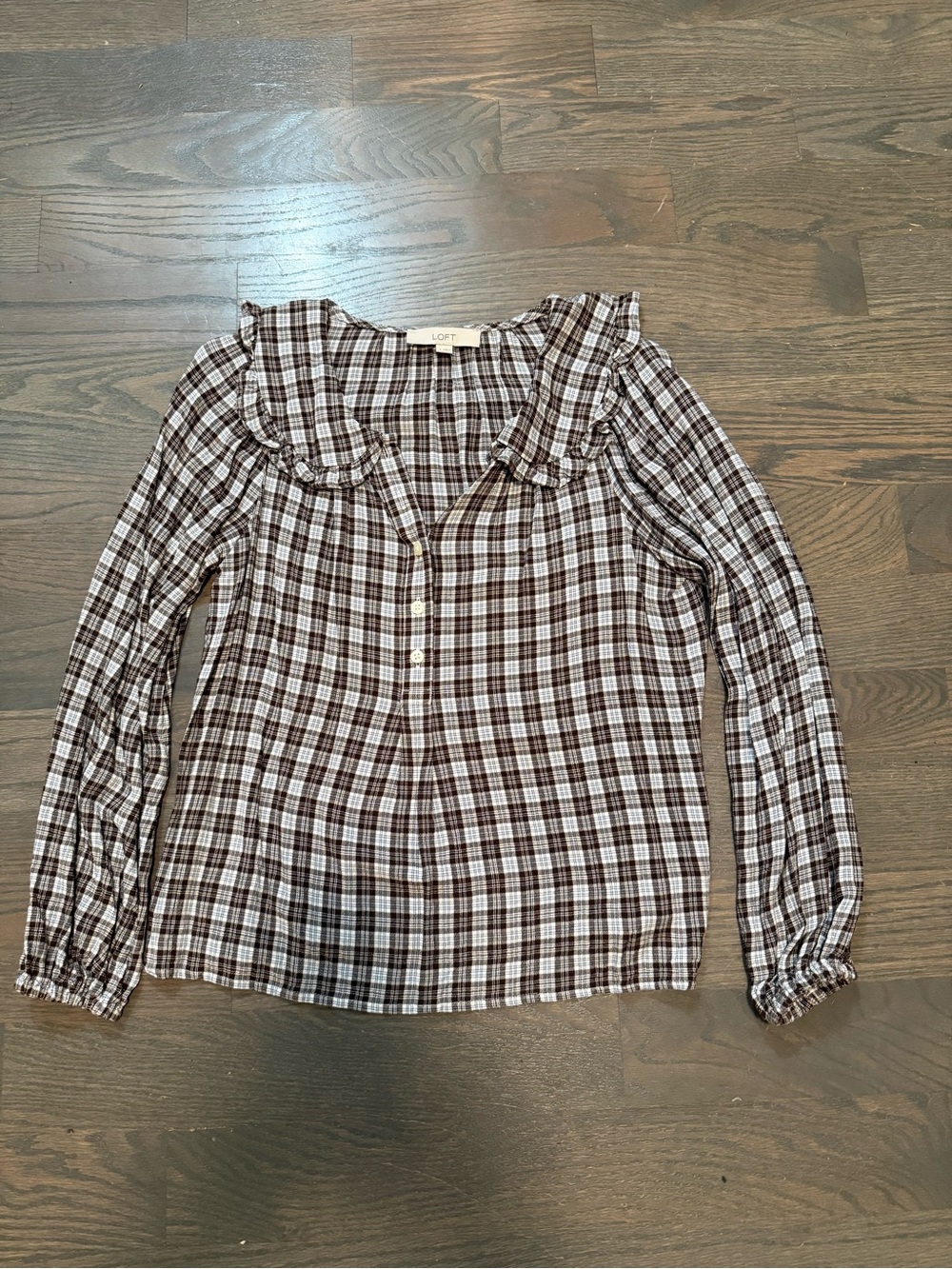 LOFT Brown & White Plaid Ruffled Collar Button-Front Blouse